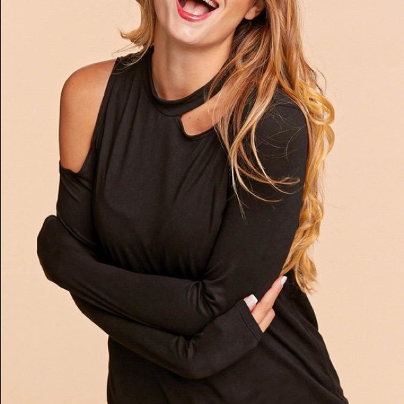 Black Cold Shoulder Cut Out Long Sleeve Knit Top - Picture 2 of 4